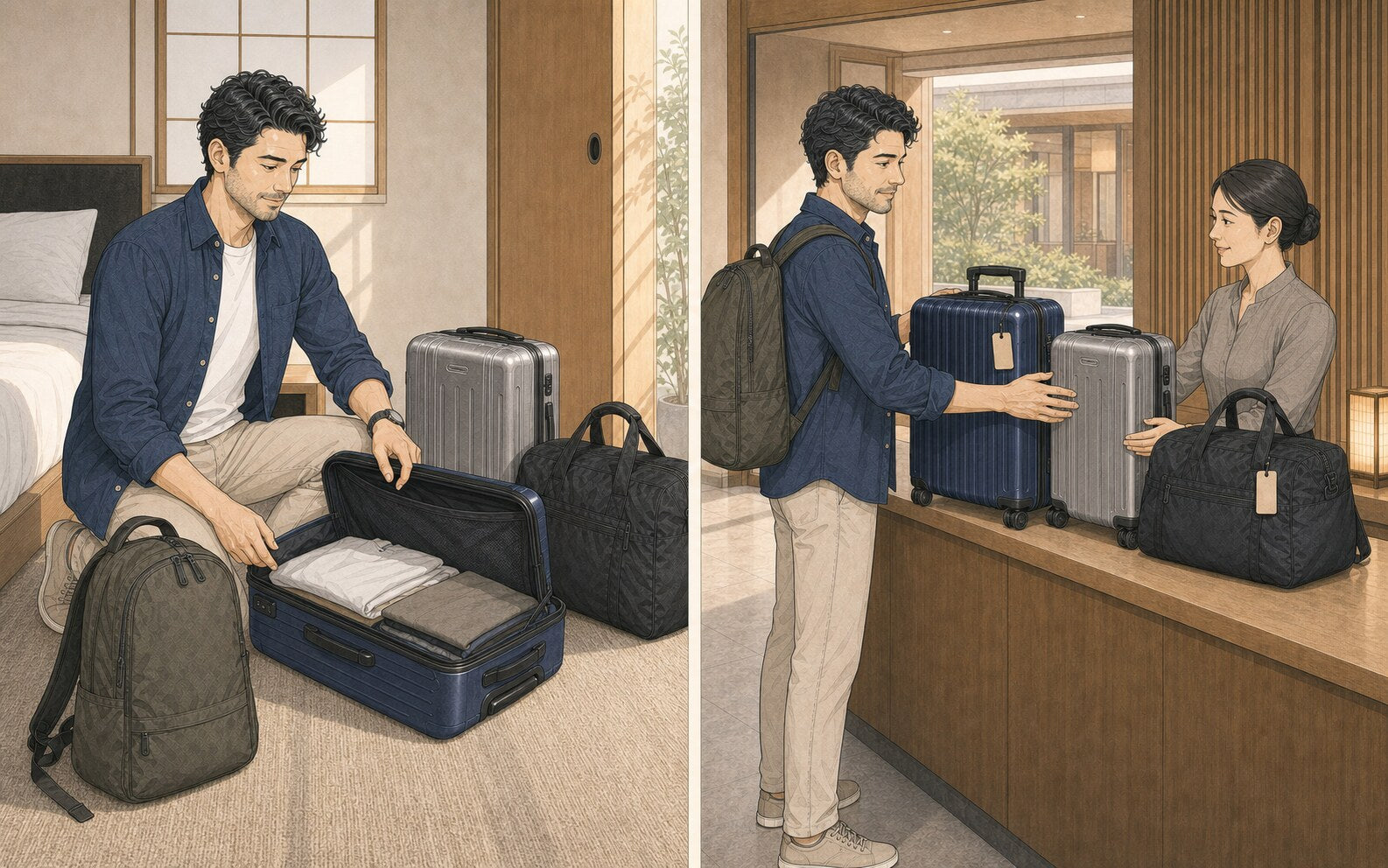 Illustrated diptych shows the traveler unpacking the familiar bags in a hotel room and later returning the three closed bags to an attendant while keeping his backpack.