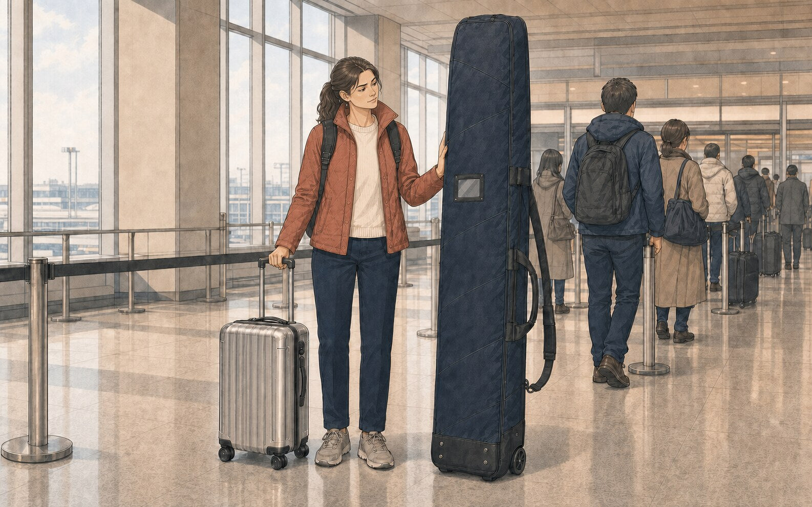 Illustrated traveler in a terracotta jacket looks with mild concern at an upright dark ski-or-snowboard travel bag towering over her in an airport queue beside a silver carry-on.
