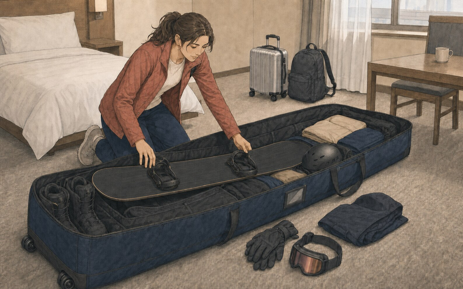 Illustrated traveler in a terracotta jacket kneels beside an open dark winter-sports bag while arranging a snowboard with two bindings, boots, a helmet, gloves, goggles, and folded clothing in a hotel room.