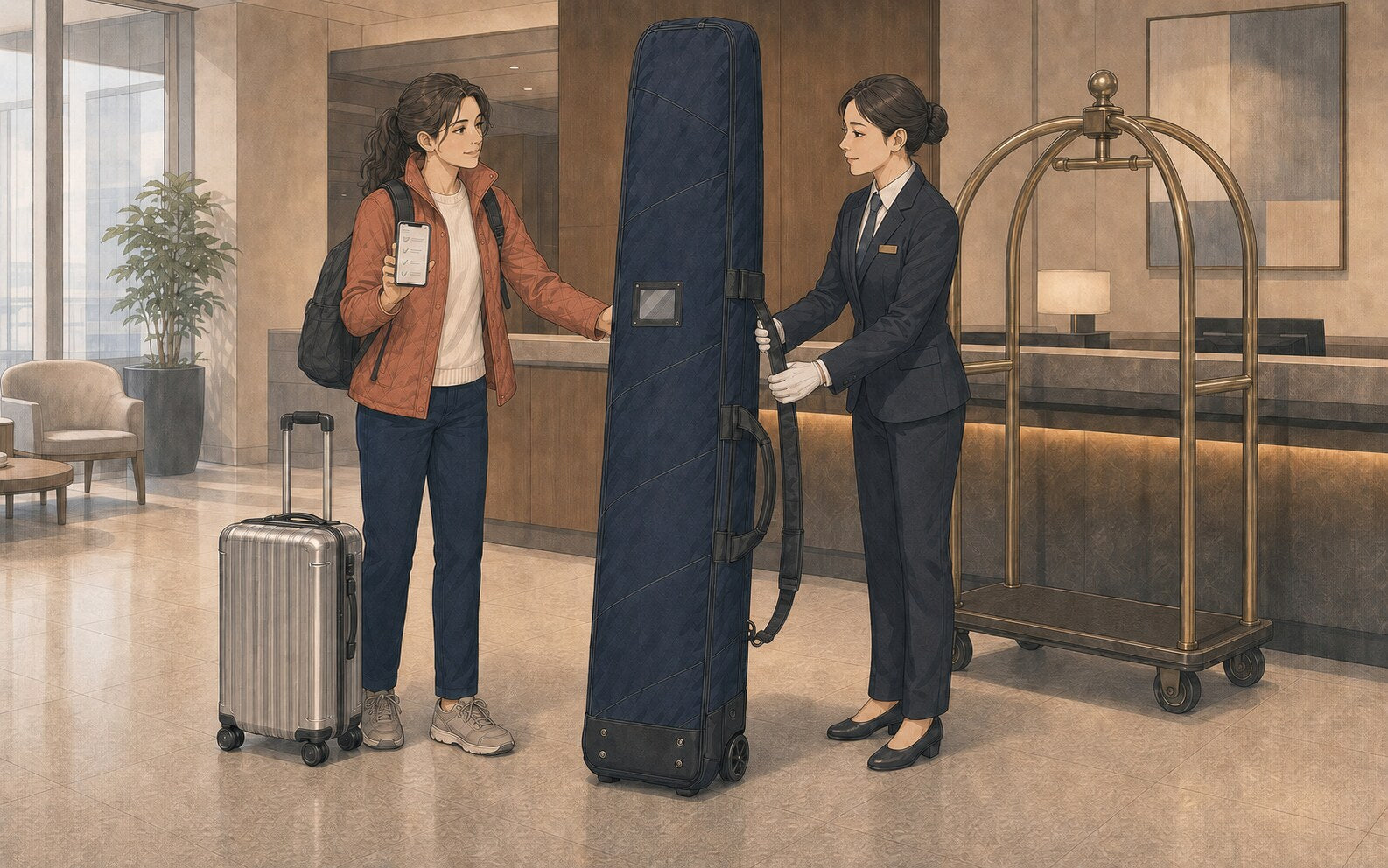 Illustrated traveler in a terracotta jacket shows abstract phone instructions while a hotel employee takes hold of her upright dark ski-or-snowboard travel bag beside a luggage cart.