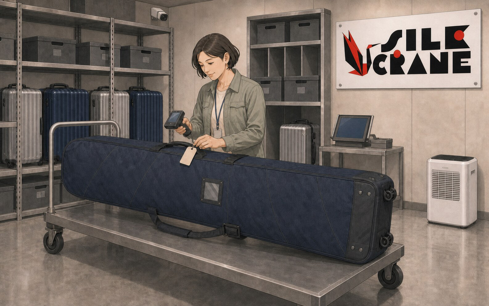 Illustrated Silk Crane employee scans an identification tag on a long dark winter-sports bag resting on a cart beneath a large wall sign, with luggage racks, a security camera, and a humidity-control unit visible.