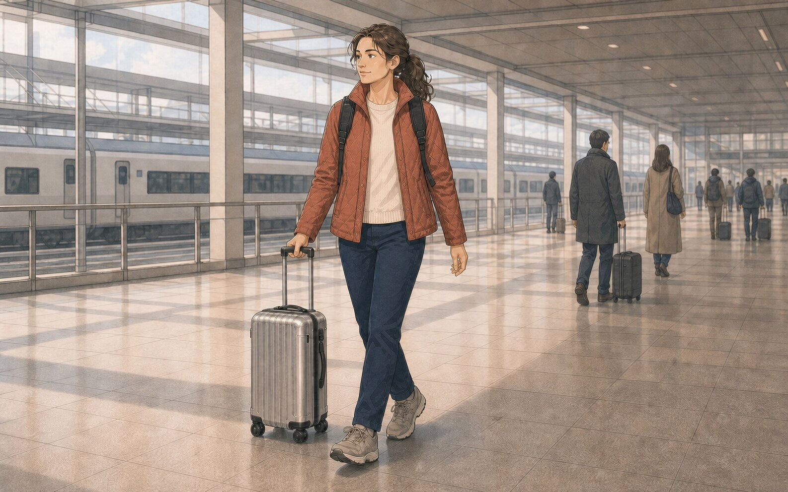 Illustrated traveler in a terracotta jacket walks through a generic rail-station concourse with a silver carry-on and daypack, without the oversized winter-sports bag.
