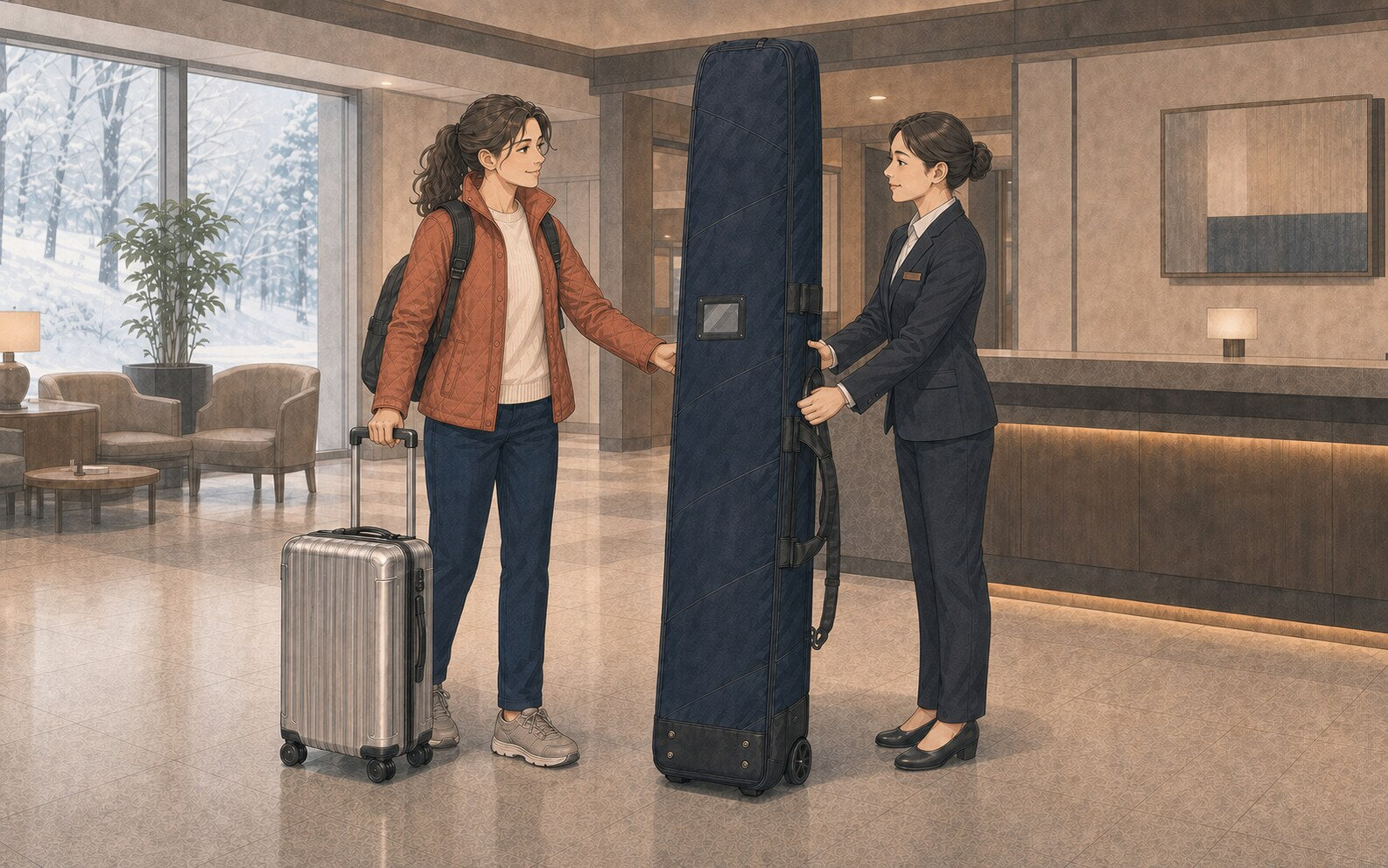 Illustrated traveler in a terracotta jacket receives the same upright dark ski-or-snowboard travel bag from a uniformed employee in a neutral lobby with snow visible outside.